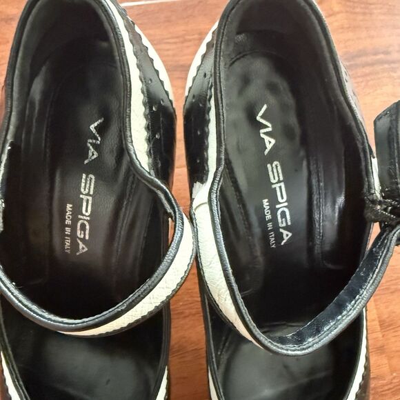 VTG Via Spiga Peep Toe Mary Jane’s Black White Ankle Strap Size 7M - Picture 7 of 13